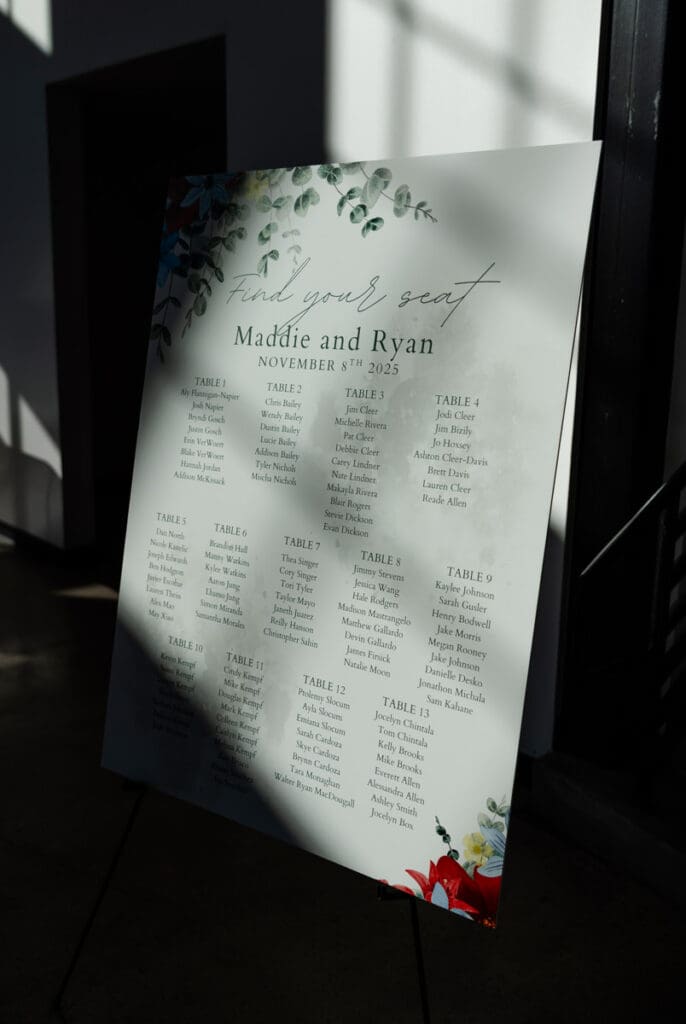 signage for the seating chart for the reception